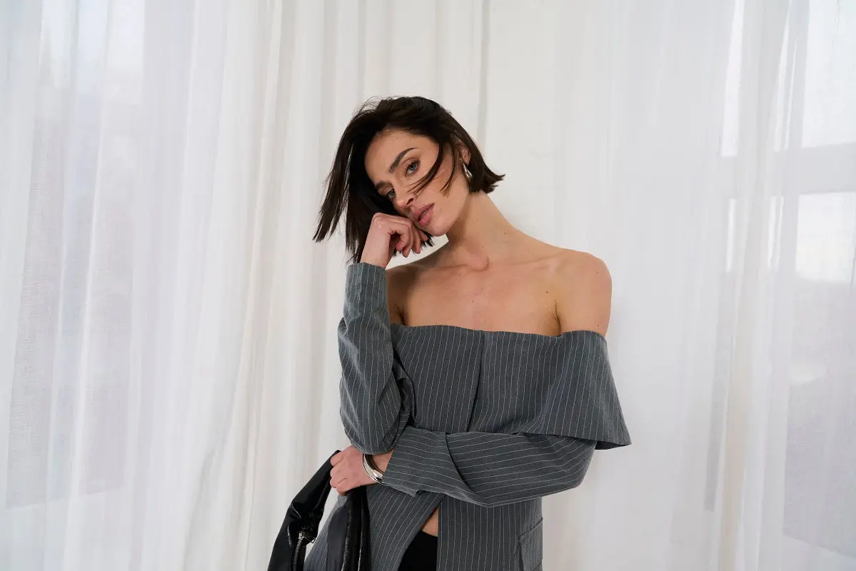 Corset Bandeau Blazer Top In Grey Pinstripe