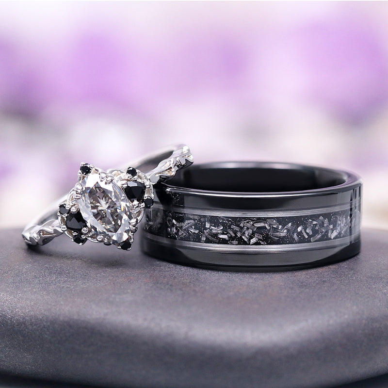 Aquamarise moissanite and meteorite couples ring set close-up