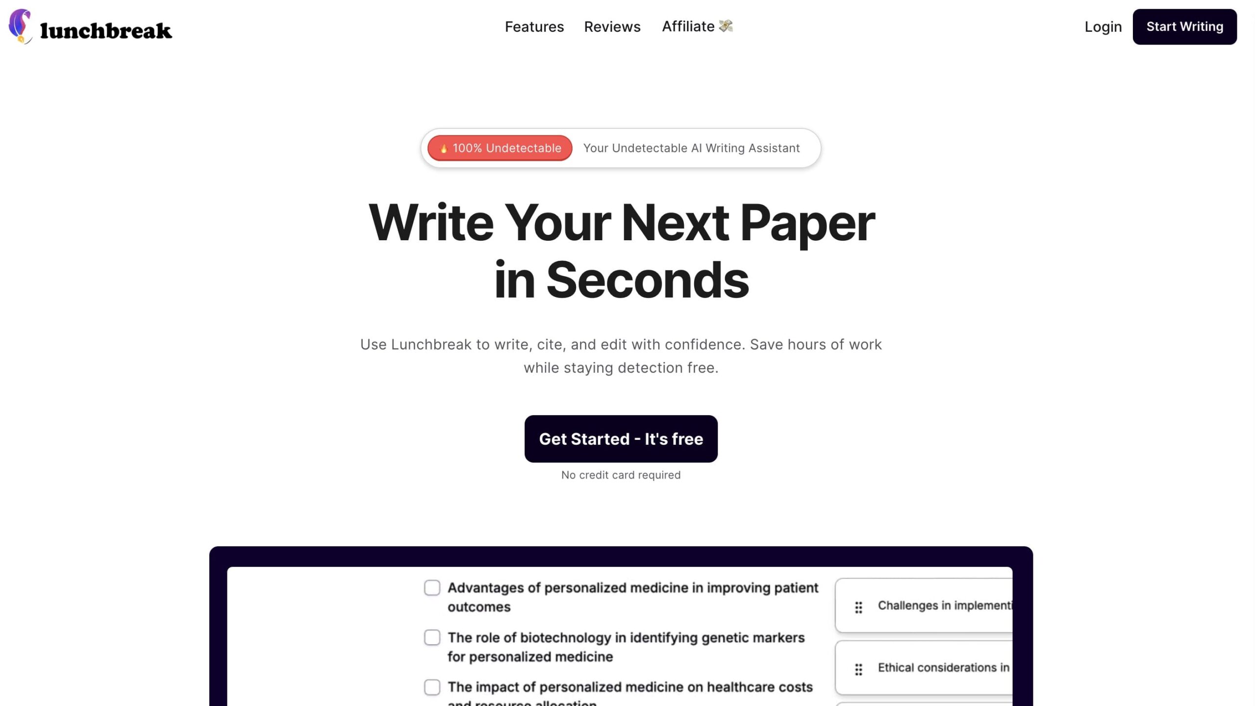 Lunchbreak AI: Write your next essay in seconds 100% Undetectable Try for free