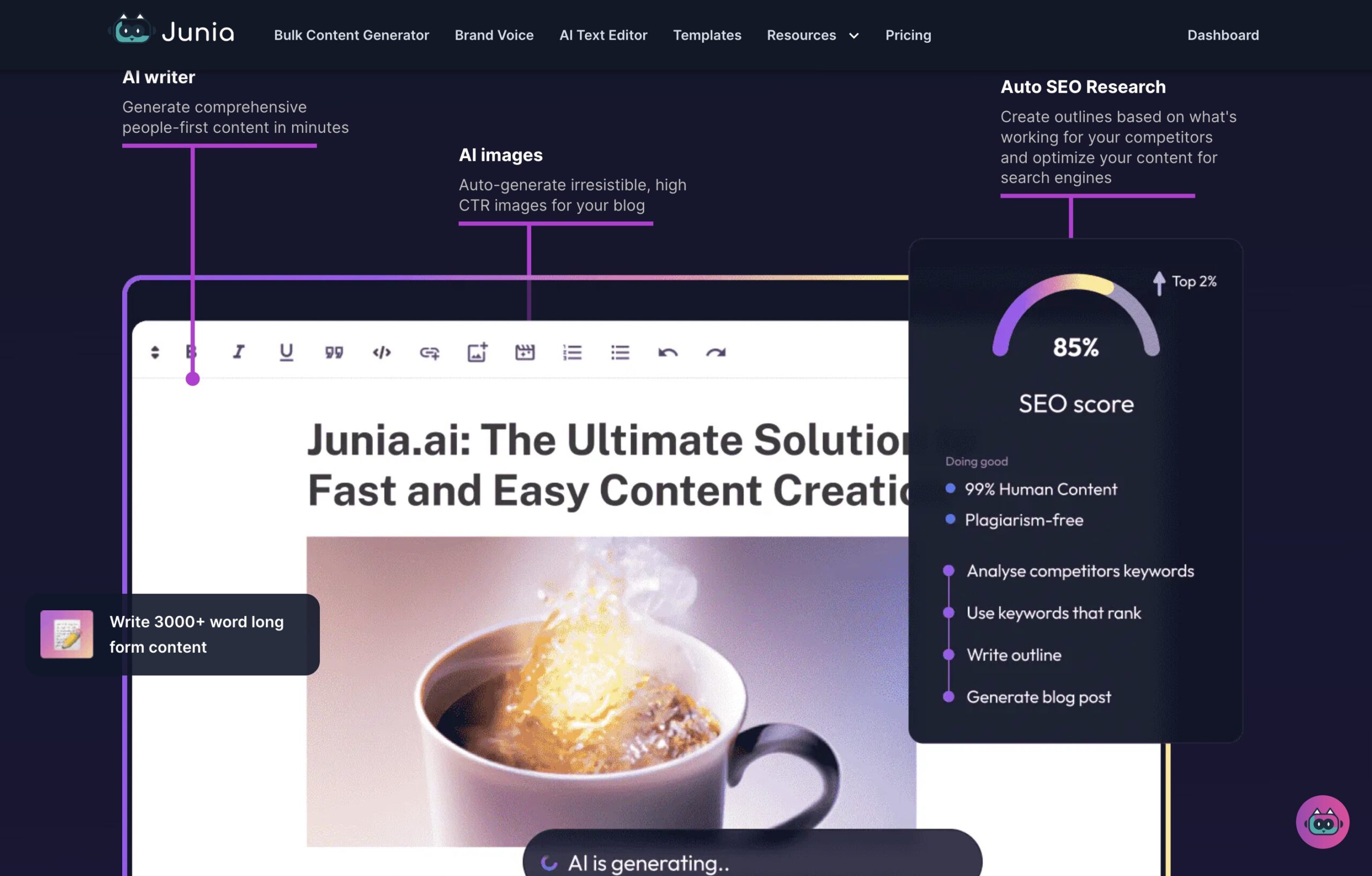 Junia Ai: AI writer, AI Images, Auto SEO Research
