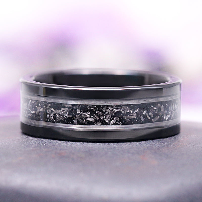 Aquamarise gray moissanite and meteorite couples ring set