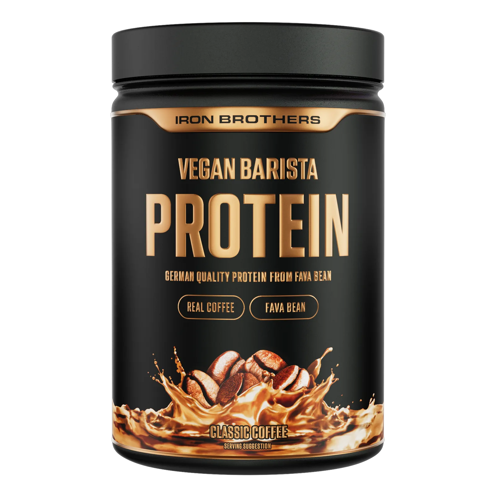 Iron Brothers Vegan Barista Protein Classic Coffee tub next to a mug