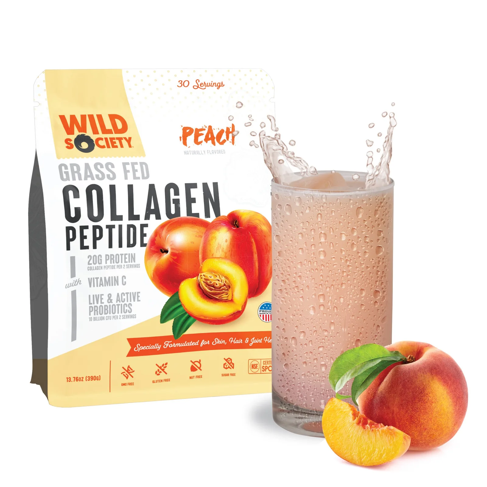 Wild Society Collagen Peptides supplement, Peach flavor, pack shot