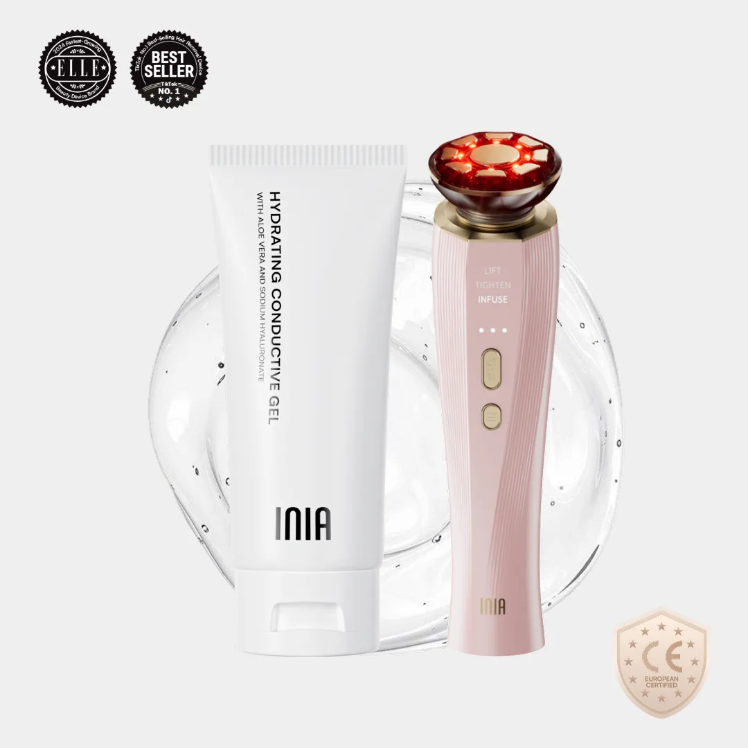 INIA FLARE microcurrent facial device with charging base, Pink colourway