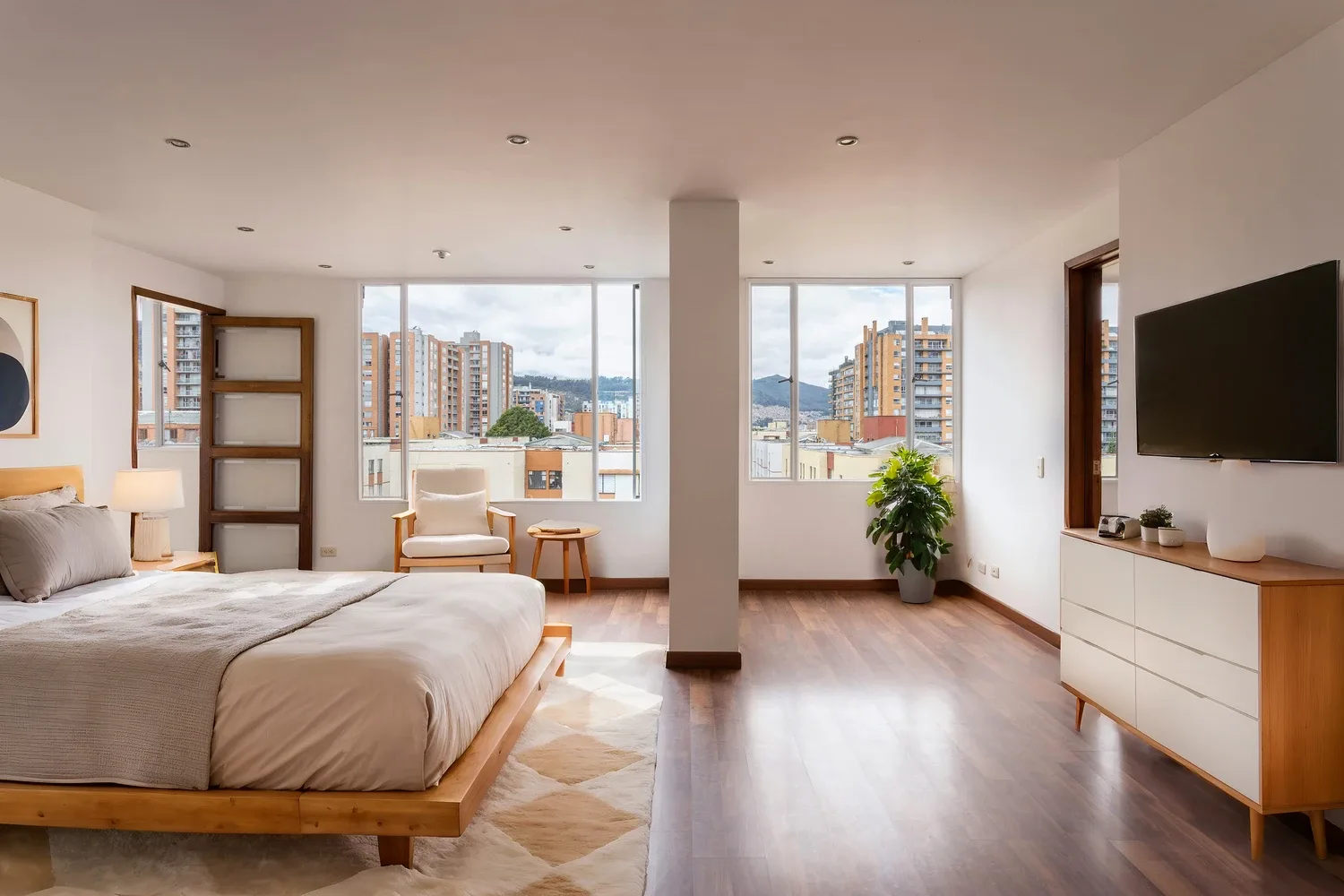 Virtual Staging AI Modern-style staged bedroom, same room as the before photo