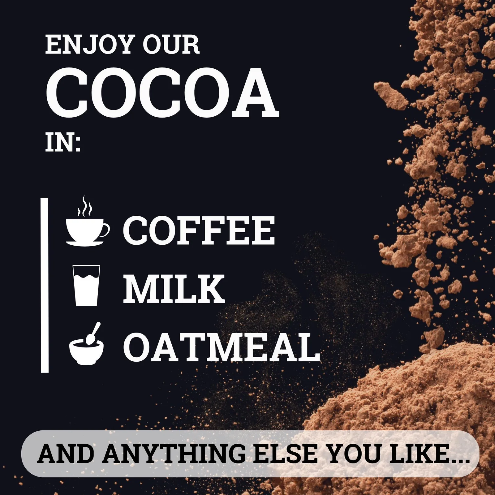 Black Forest brand graphic showing the cocoa powder and the ways the brand suggests taking it