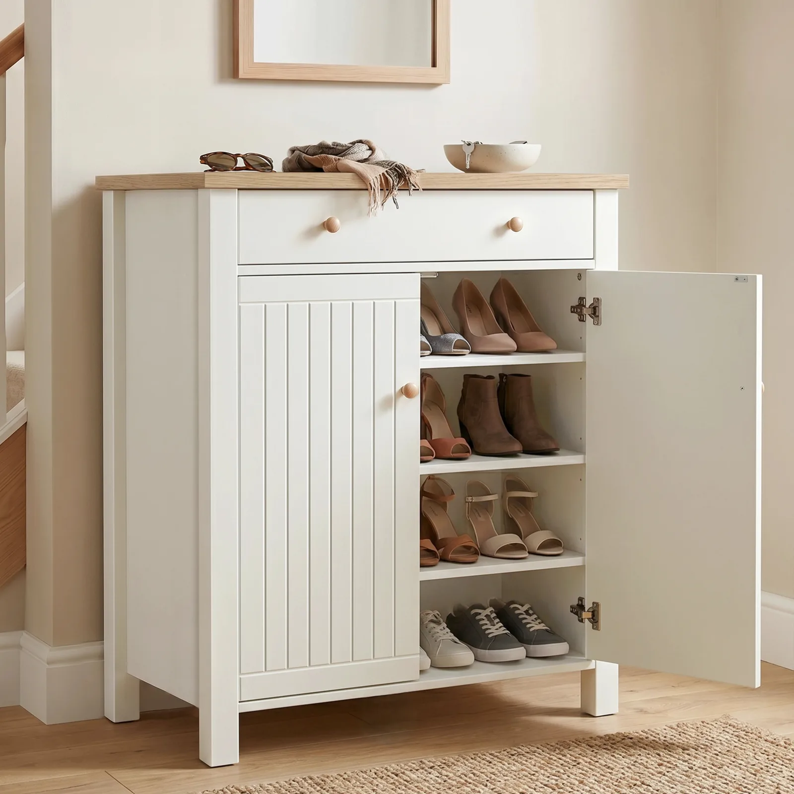 Dream Home Store Linra white 4-tier shoe storage cabinet with drawer in a hallway
