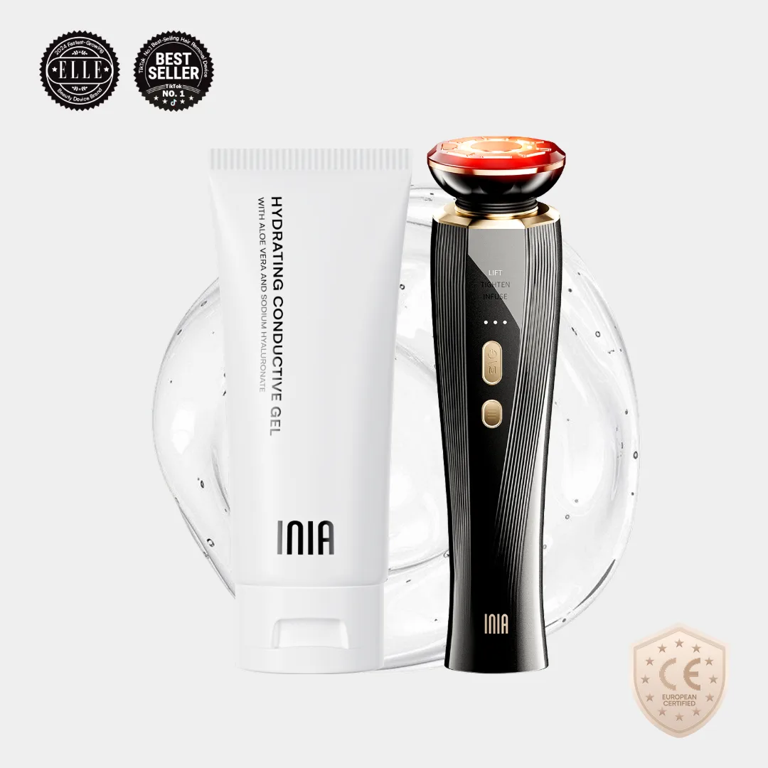 INIA FLARE microcurrent facial device shown at a lifestyle angle