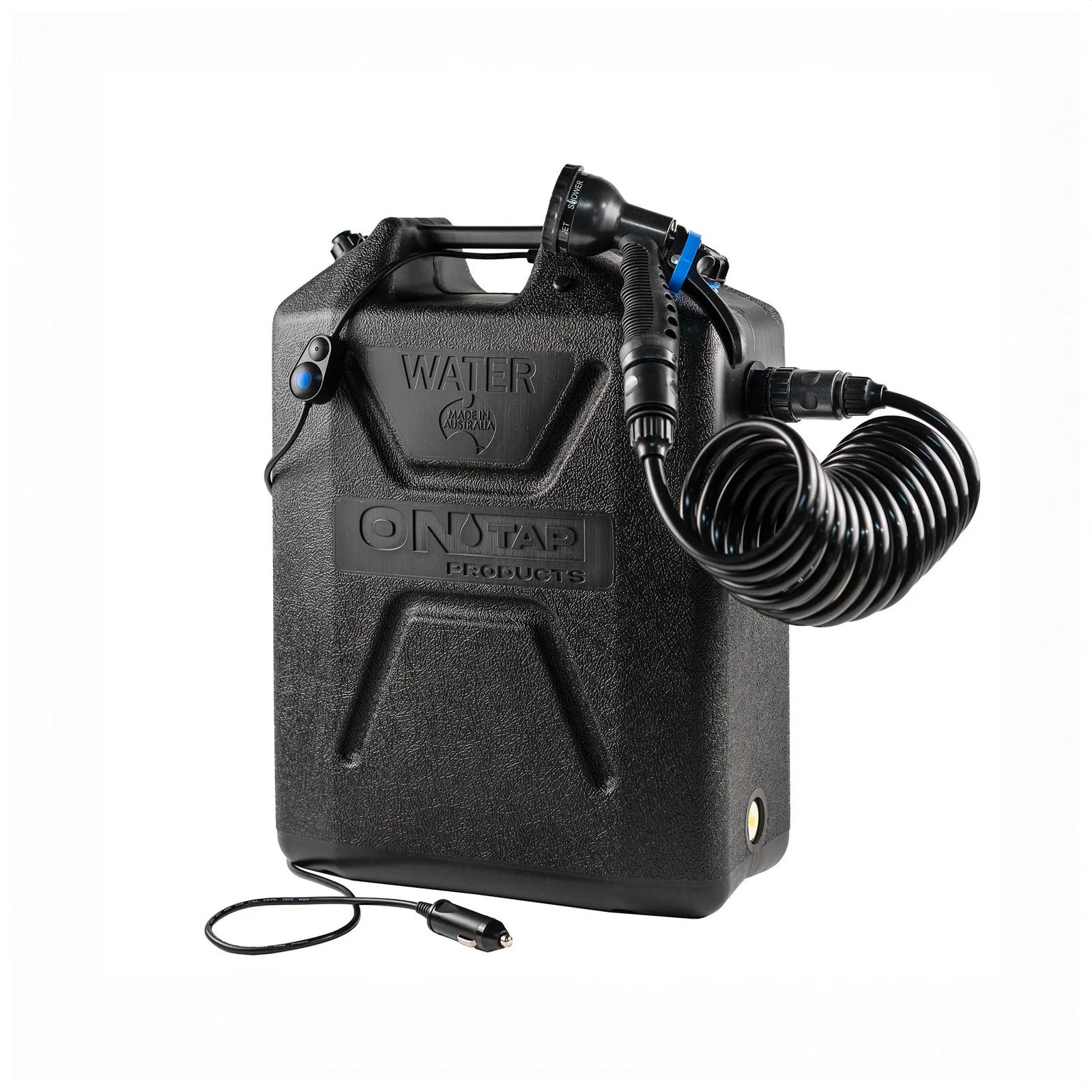 ONTAP ORIGINAL 22-litre portable camping shower with 12V pump and black tank