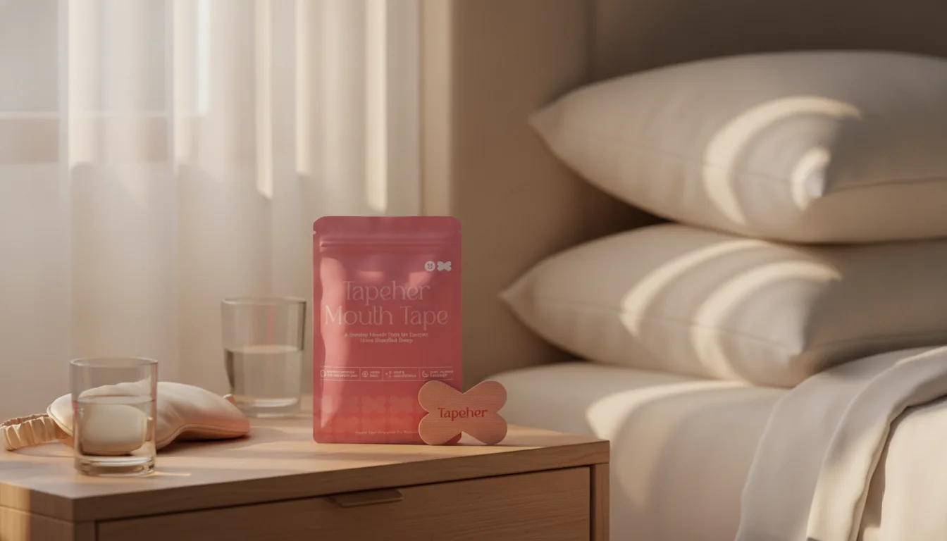 Tapeher X-shaped mouth tape among the best sleep accessories for 2026 on a serene bedroom nightstand with soft pillows, a sleep mask, and warm morning light