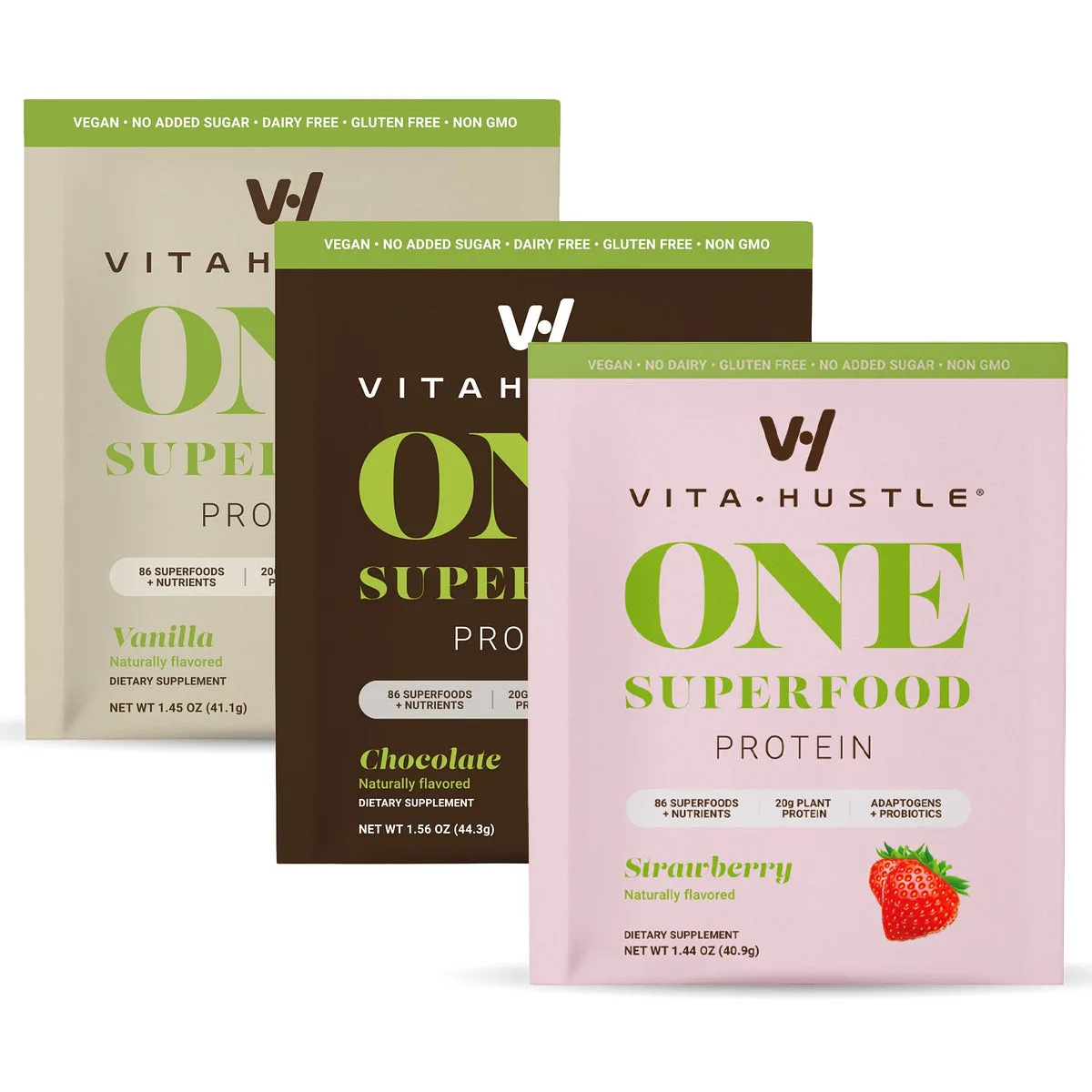 VitaHustle ONE Superfood Protein single-serve travel packets in Vanilla, Chocolate and Strawberry