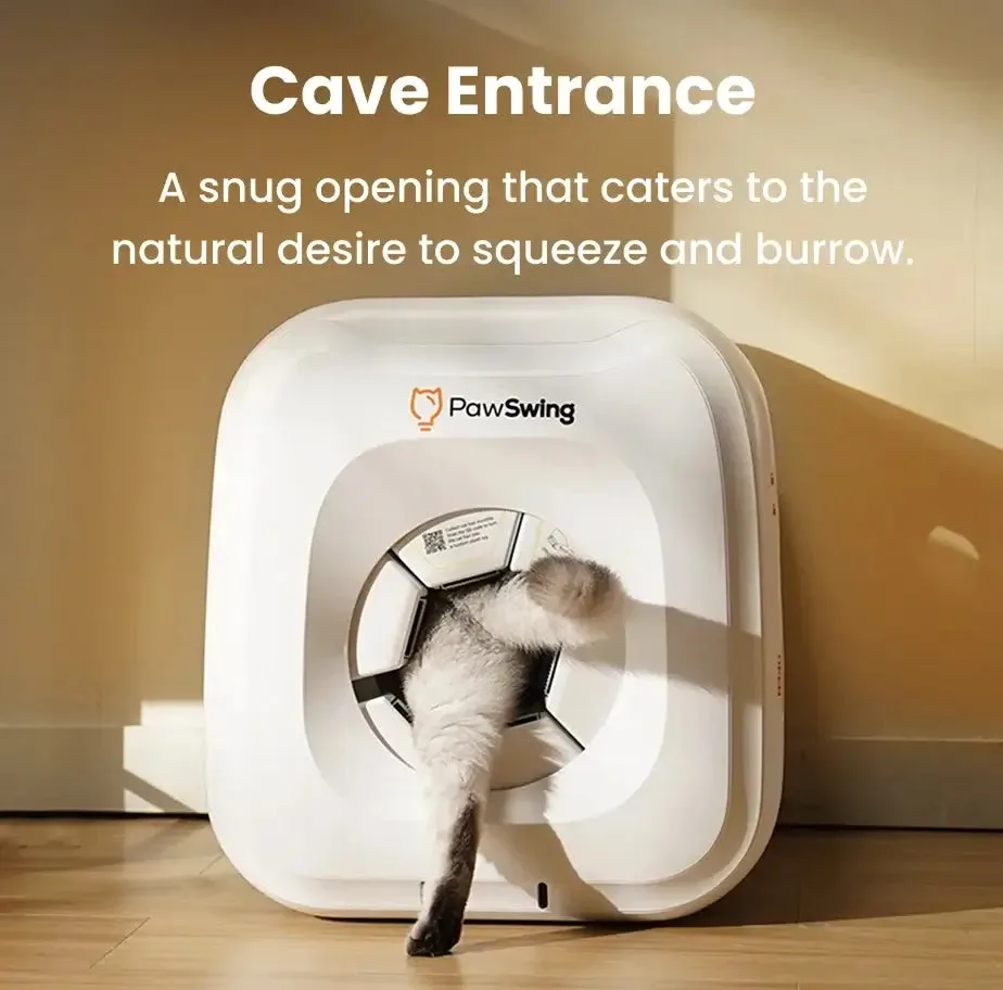 Cat walking through the PawSwing Neo self-grooming house in a home setting