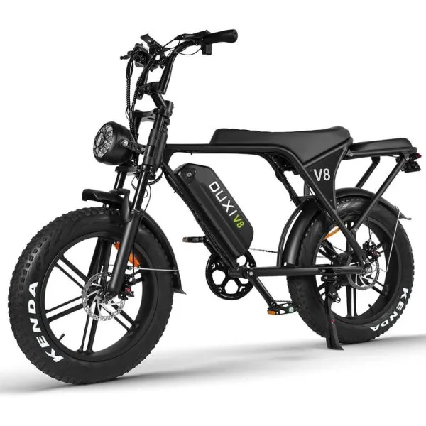 OUXI V8 Max electric bike dual battery configuration mounted on moped-style frame
