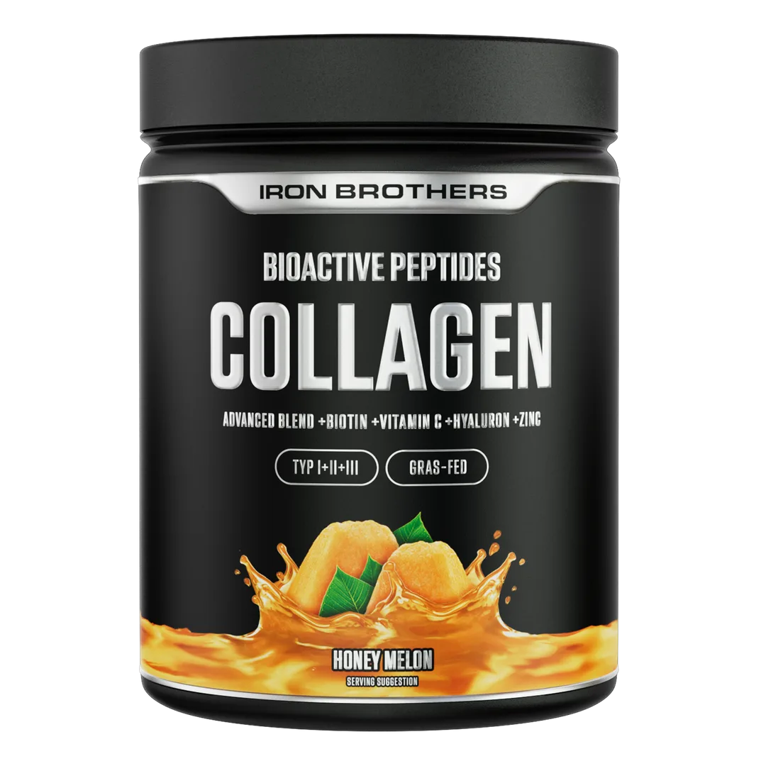 Iron Brothers Collagen Advanced Honey Melon flavor canister on a plain background