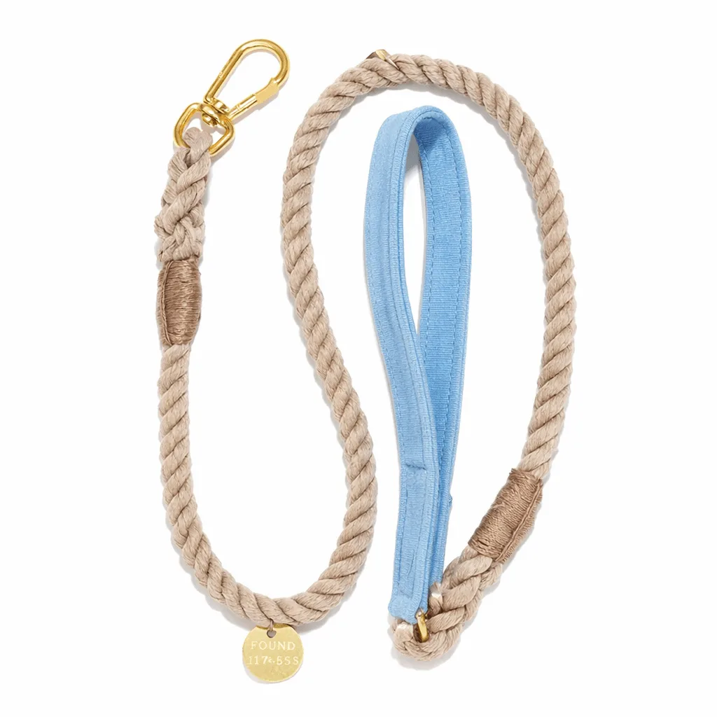 Found My Animal light blue waxed cotton canvas leash with brass FOUND tag