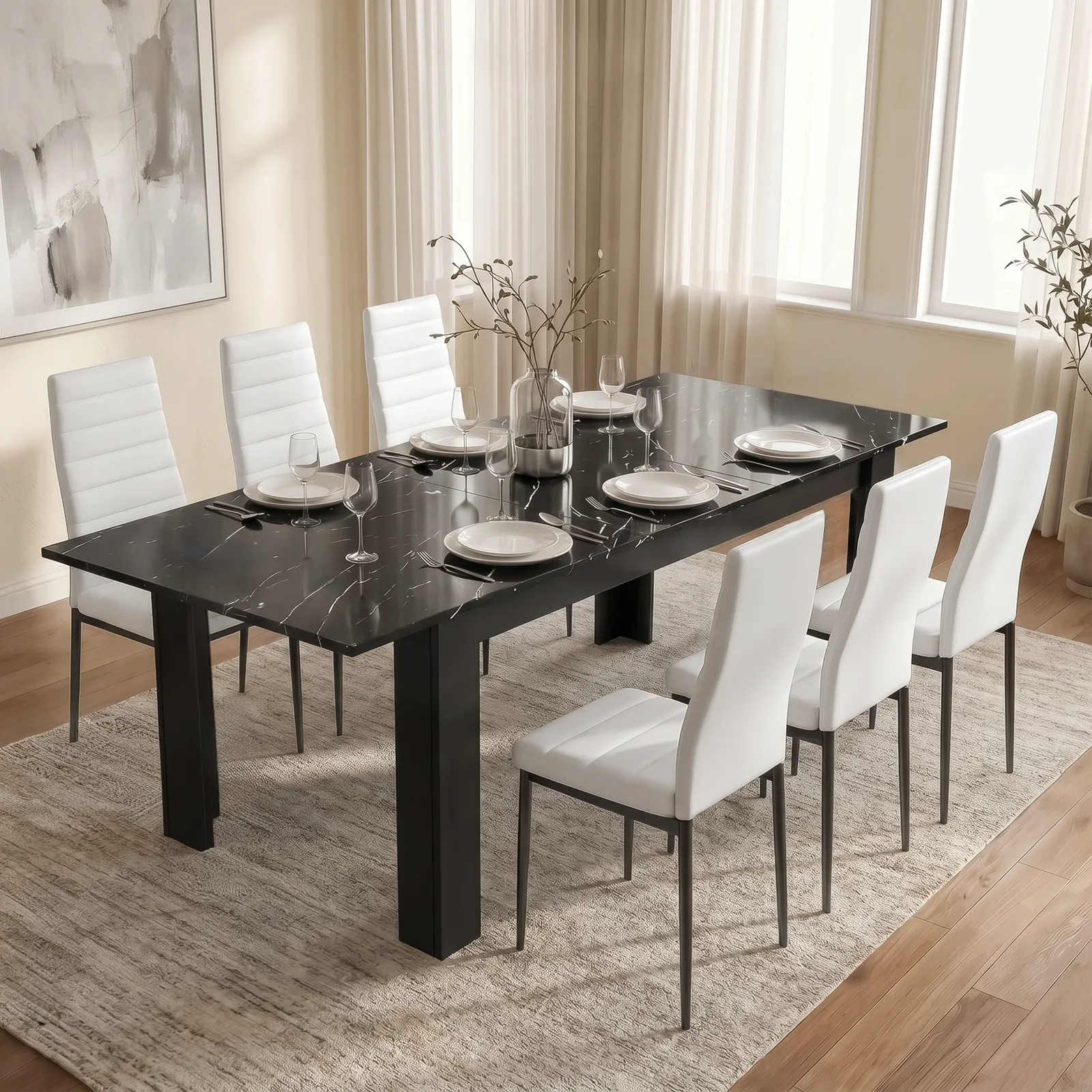 Dream Home Store Milo extendable dining table set with marble-effect top and white chairs