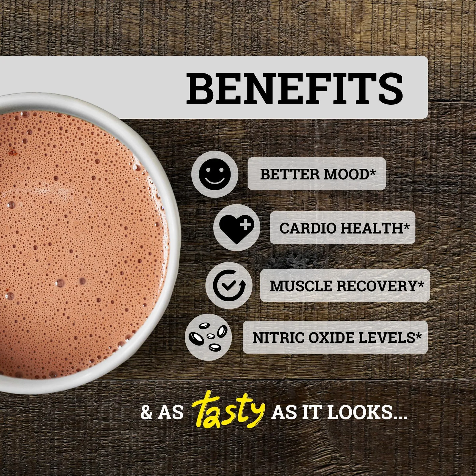 Black Forest promotional image of the prepared cocoa drink with the brand's own benefit claims overlaid