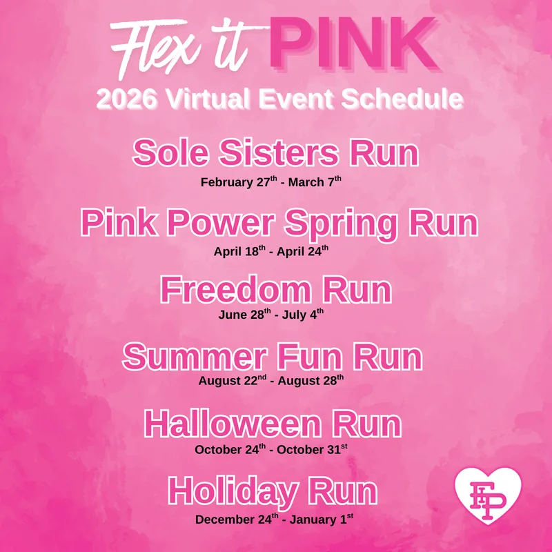 Flex it Pink 2026 Virtual 5K event schedule showing bi-monthly race months