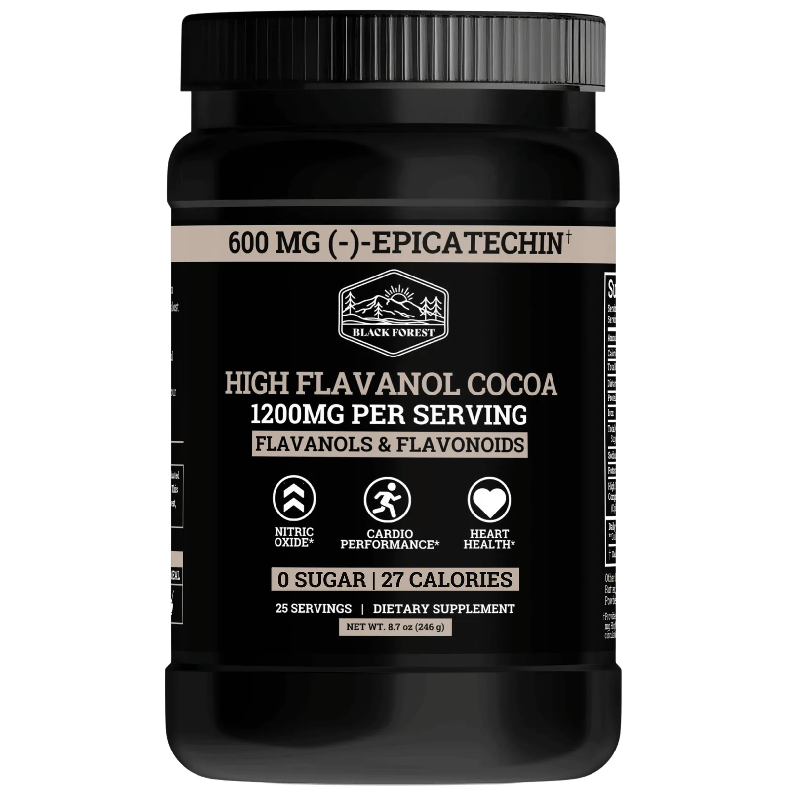 Black Forest High Flavanol Cocoa 1200mg jar, front of pack showing 600mg epicatechin and 25 servings