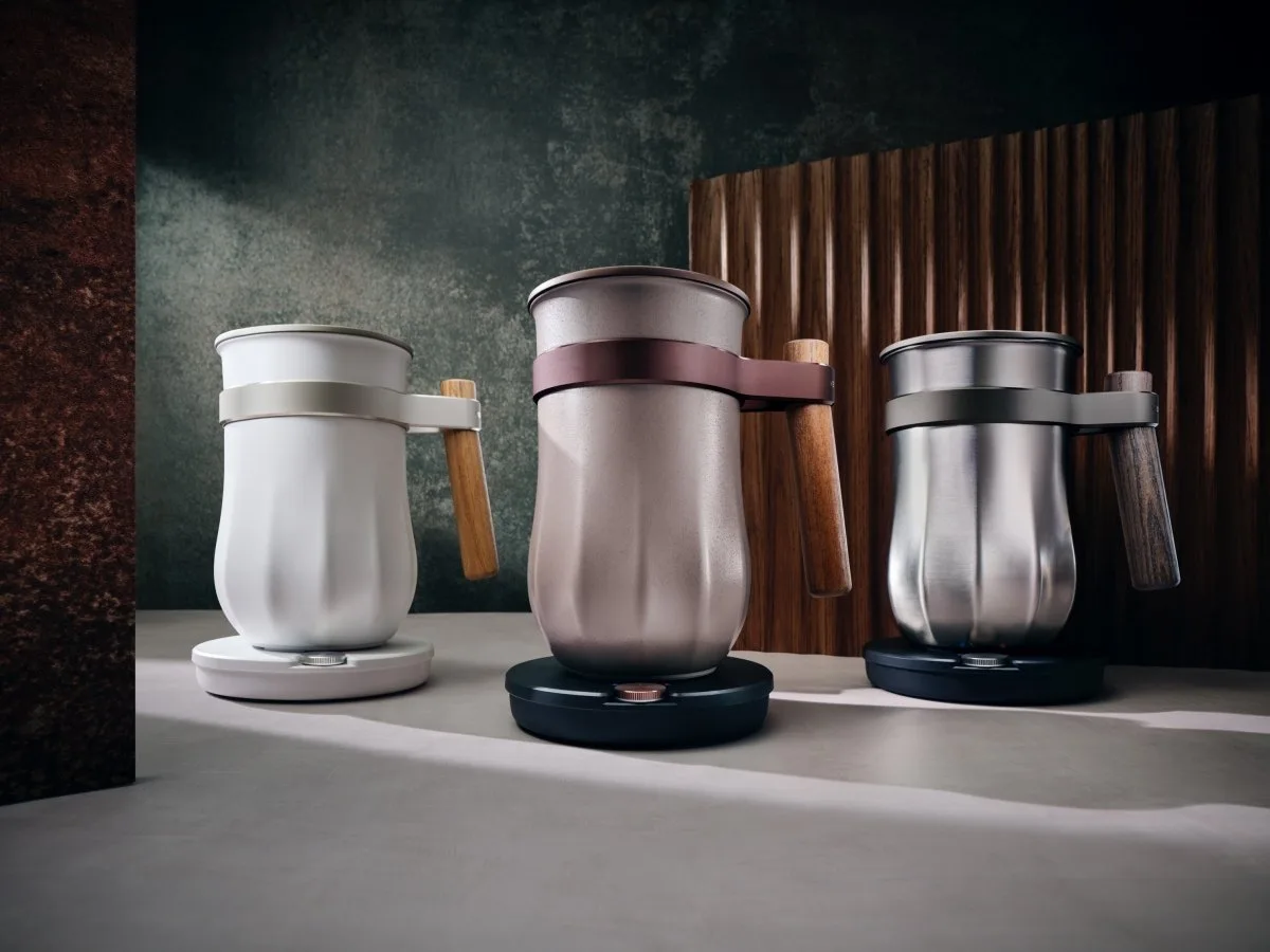 Hotel Chocolat Velvetiser shown in Chalk, Pebble and Pewter finishes side by side