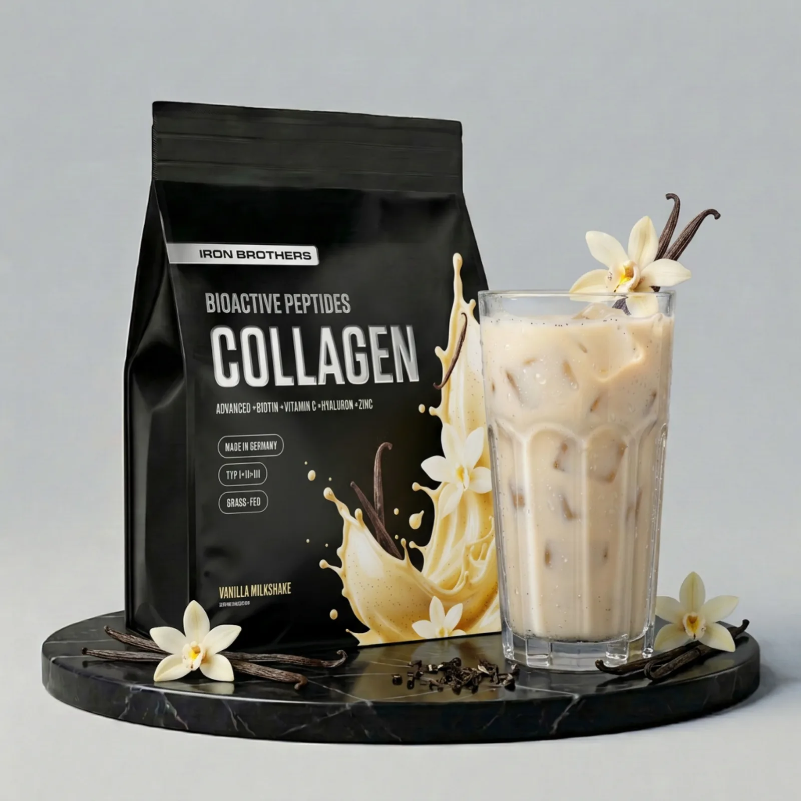 Iron Brothers Collagen powder dissolving into water, illustrating hydrolyzed collagen mixability