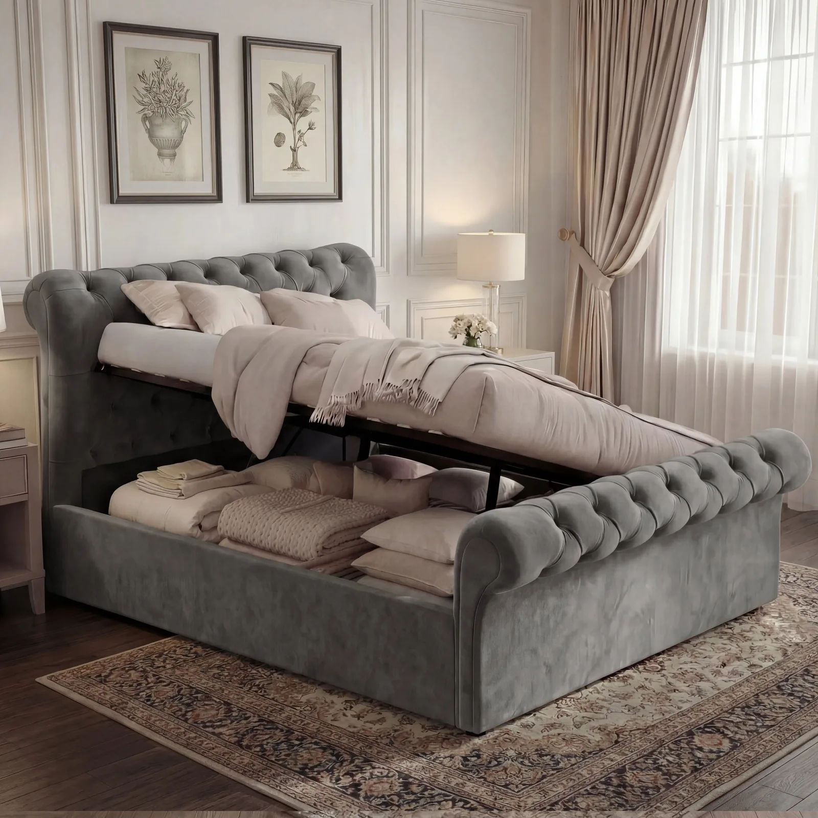 Dream Home Store ottoman storage bed with the storage compartment open, showing gas-lift struts