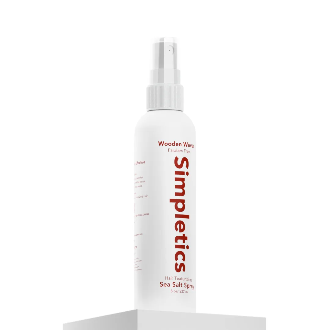 Simpletics Sea Salt Spray bottle, Wooden Waves sandalwood scent, front-of-pack product image