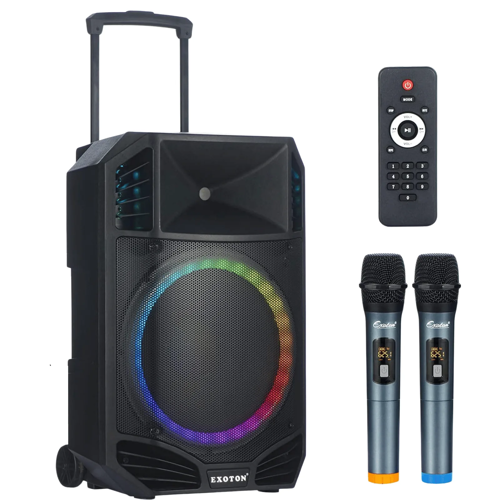 EXOTON S-1501 portable PA speaker with wheels and wireless microphones