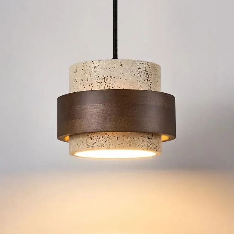 Close-up of Lumeo creative SATURNE suspension showing natural stone and wood texture