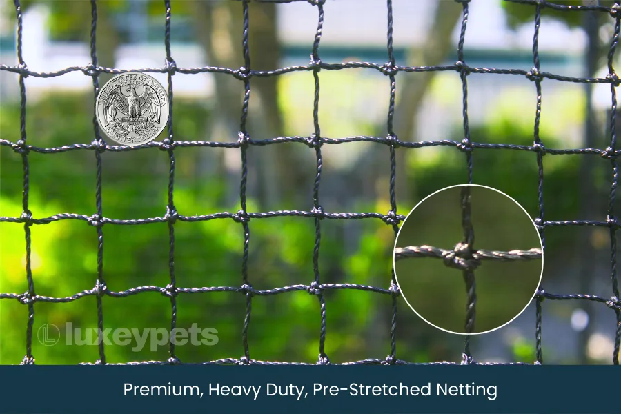 Close-up of the LuxeyPets Cat Enclosure XL galvanized steel frame joint and HDPE knot-weave netting