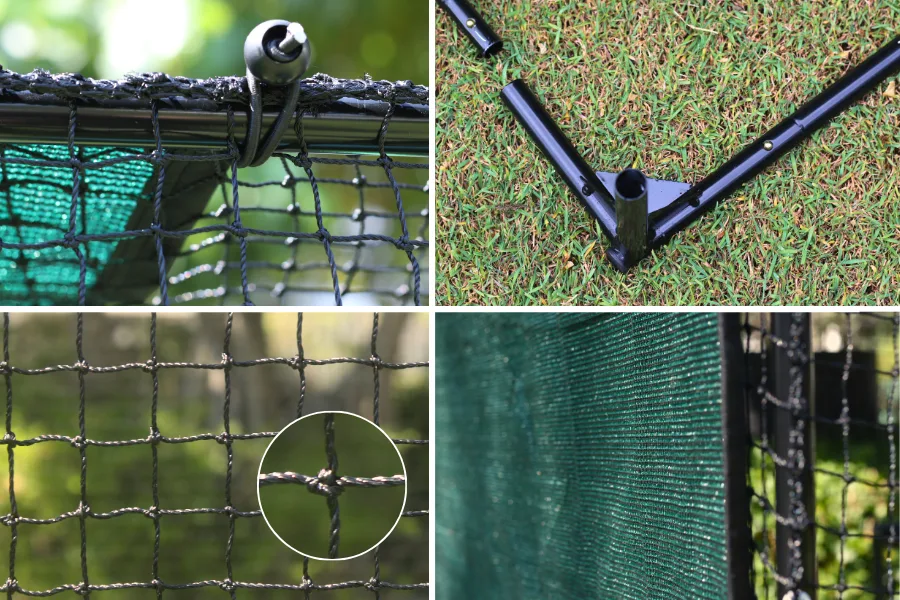 Parts diagram of the LuxeyPets Cat Enclosure XL showing the steel frame, HDPE netting, base sleeves, and included accessories