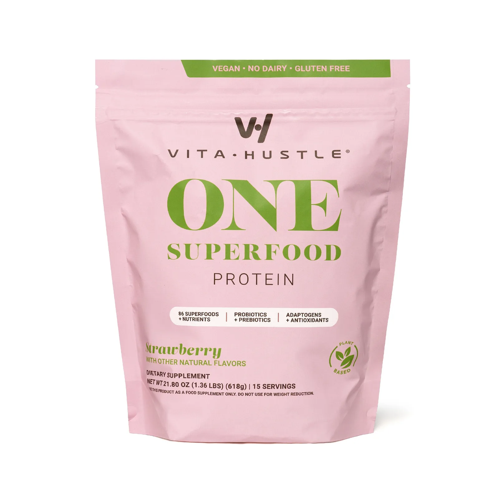 VitaHustle ONE Superfood Protein Strawberry pouch showing 20g plant protein and 15 servings