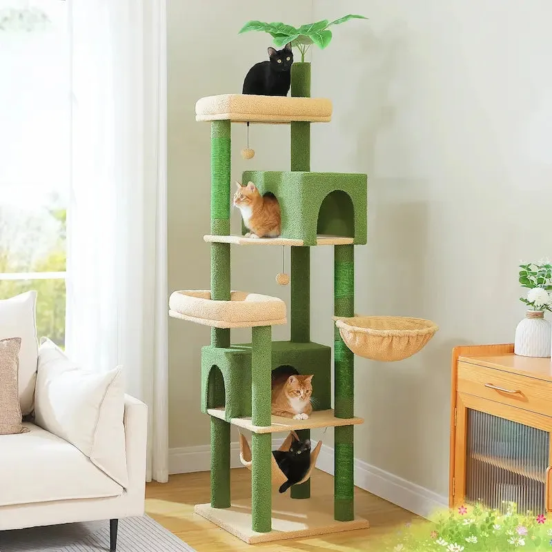 cat sitting on top platform of a 7-level floor-to-ceiling cat tree, illustrating how to choose a cat tree by height