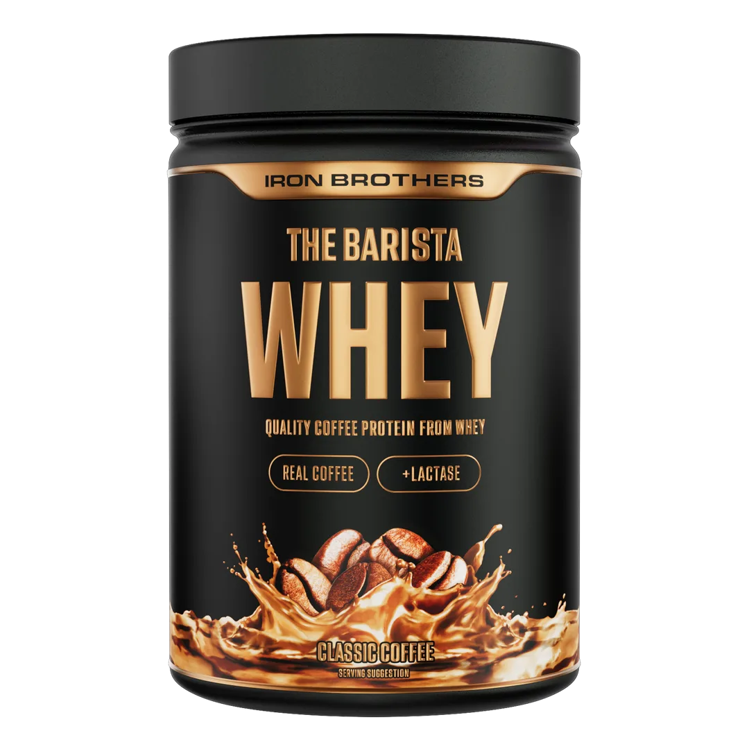 Scoop of Iron Brothers whey protein powder showing flavor variety