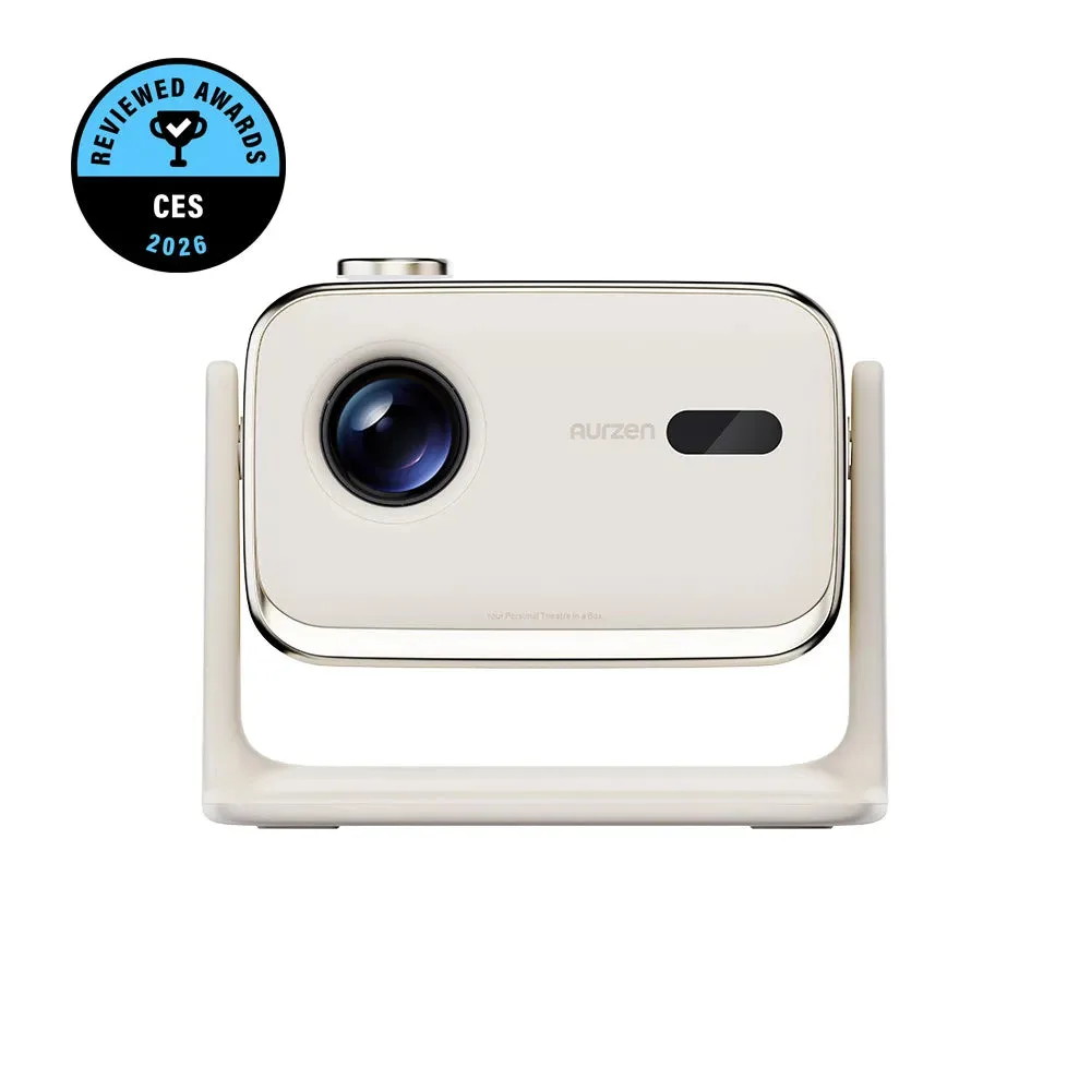 Aurzen BOOM mini compact Google TV projector, off-white cube design