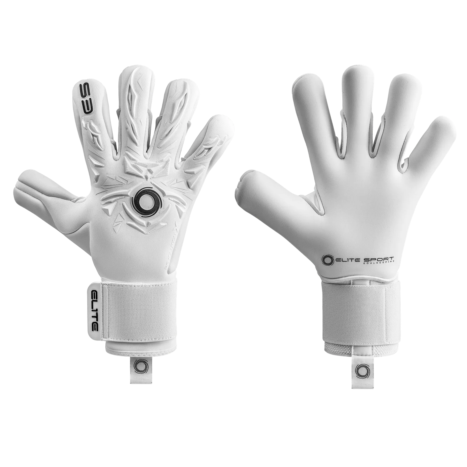 Elite Sport goalkeeper gloves — Revolution X flagship pack shot showing the black and white latex palm