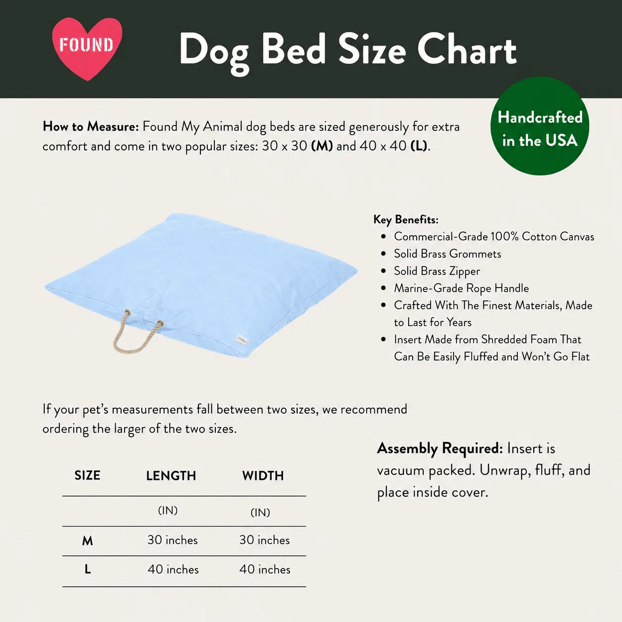Found My Animal light blue waxed cotton canvas dog bed for adopted pets