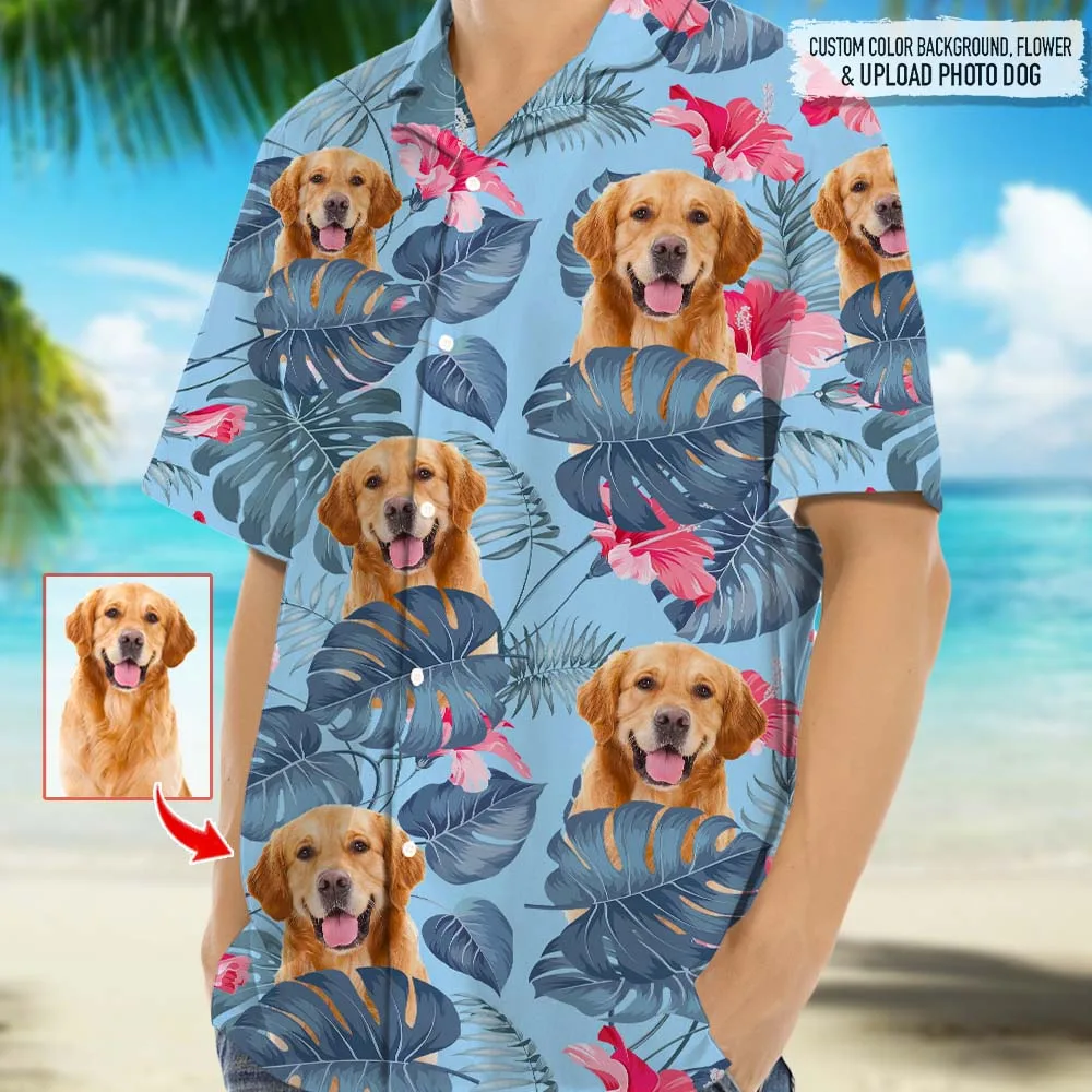 GeckoCustom Hawaiian shirt fabric close-up with a printed dog photo for pet lovers