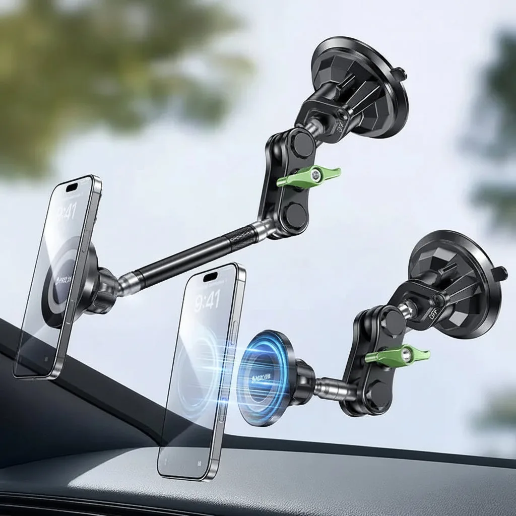 Magic John 360 degree magnetic car phone holder mounted on a windshield, Magic John review