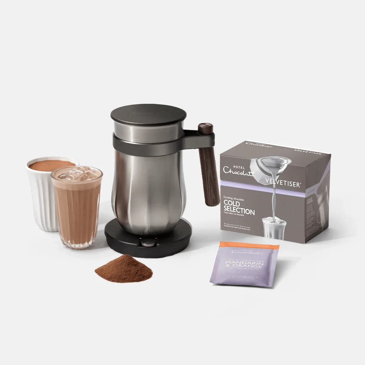 Hotel Chocolat Velvetiser Intro Pack in Pewter finish with ash wood handle detail