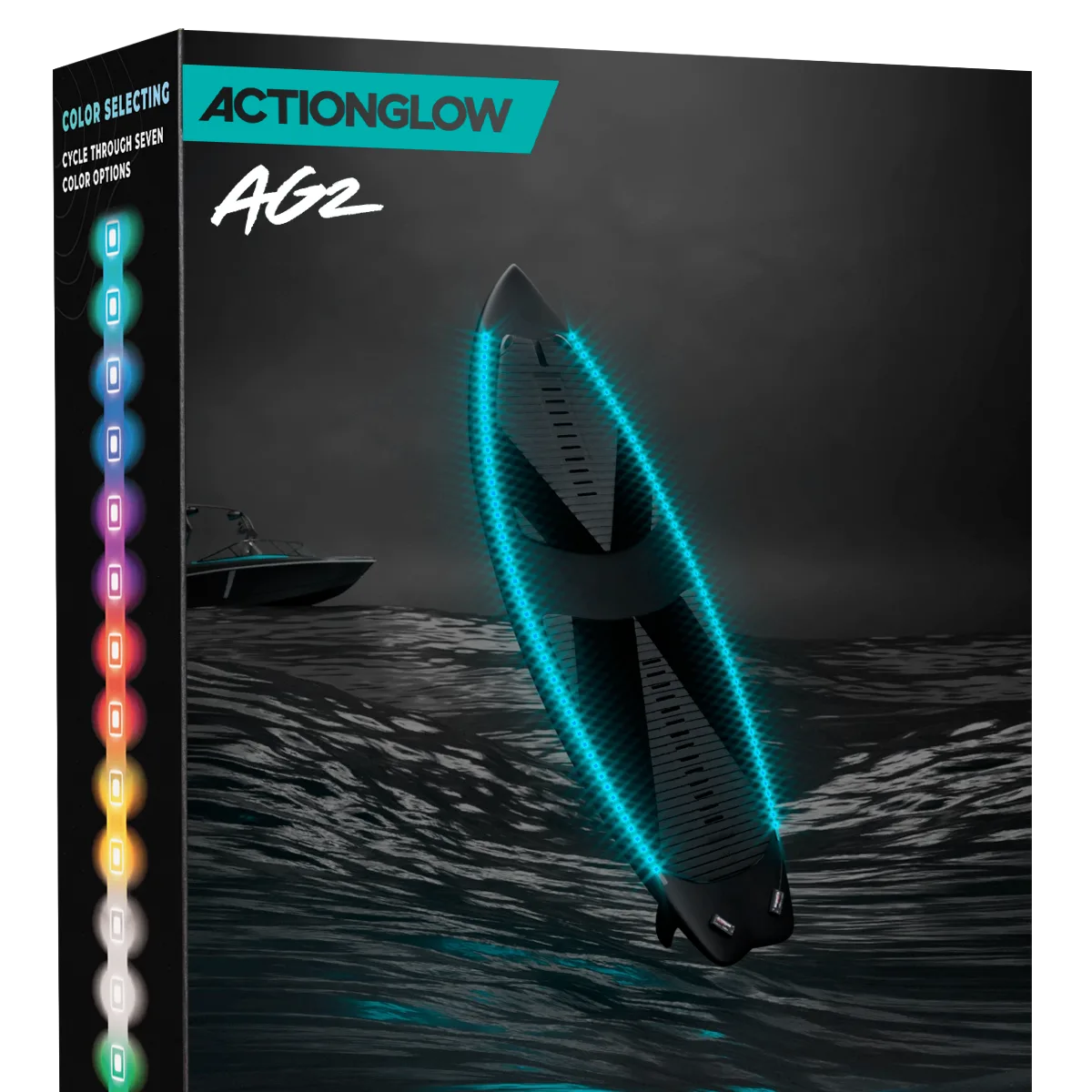 ActionGlow waterproof LED light glowing blue on a wakeboard at night