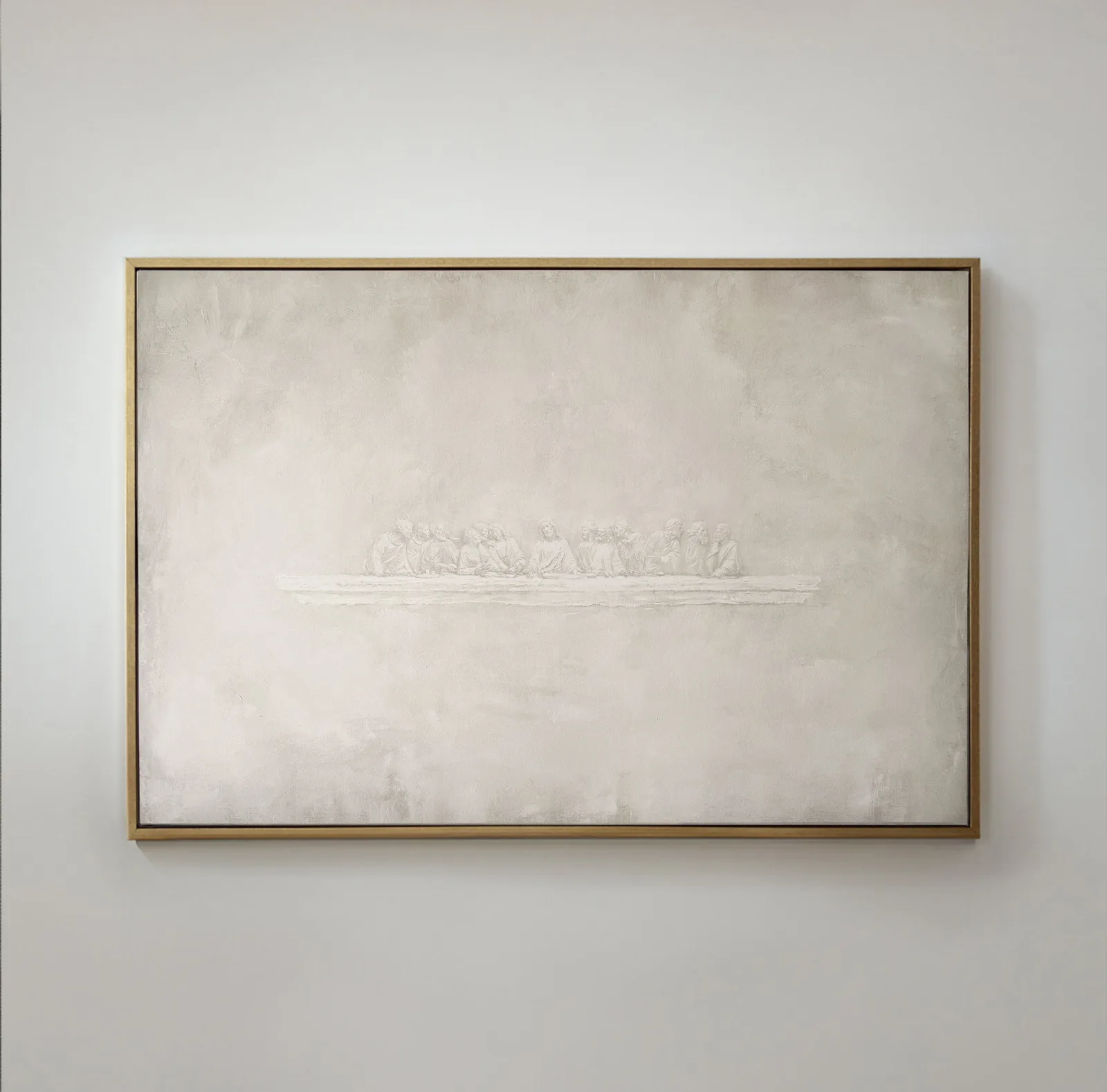 Christian Modern review photo of a beige-toned framed canvas print of The Last Supper hung above a console table
