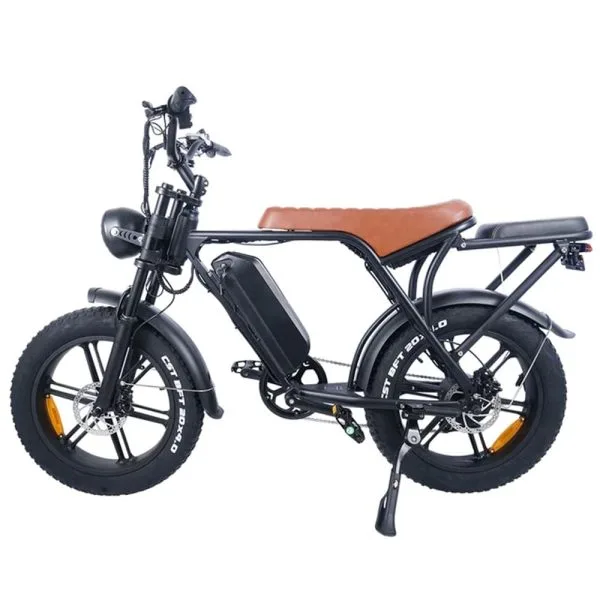OUXI V8 electric bike front view showing fat tires and moped-style step-through frame
