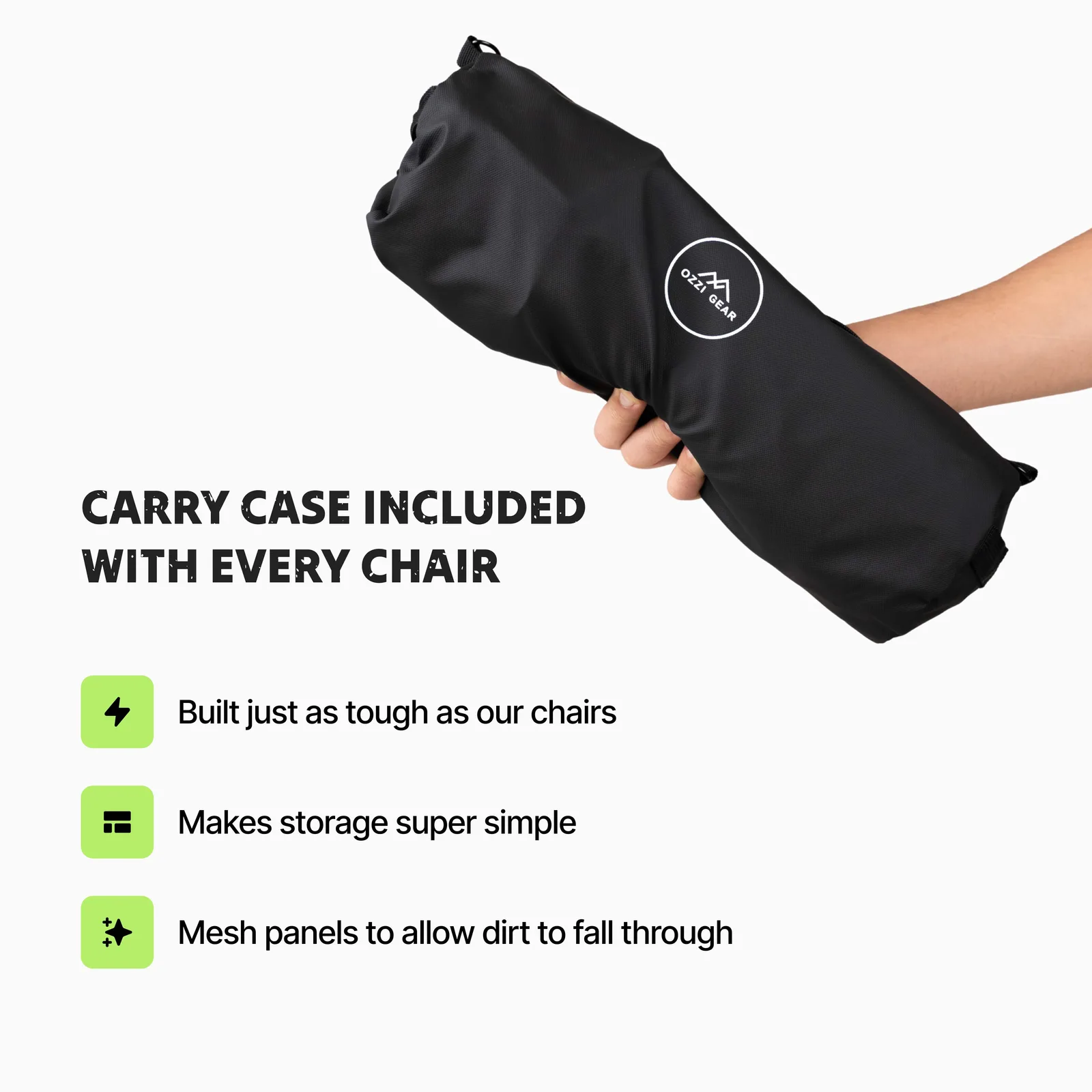 Ozzi Gear Outdoor Chair pack-shot showing the ripstop nylon seat and aviation-alloy frame