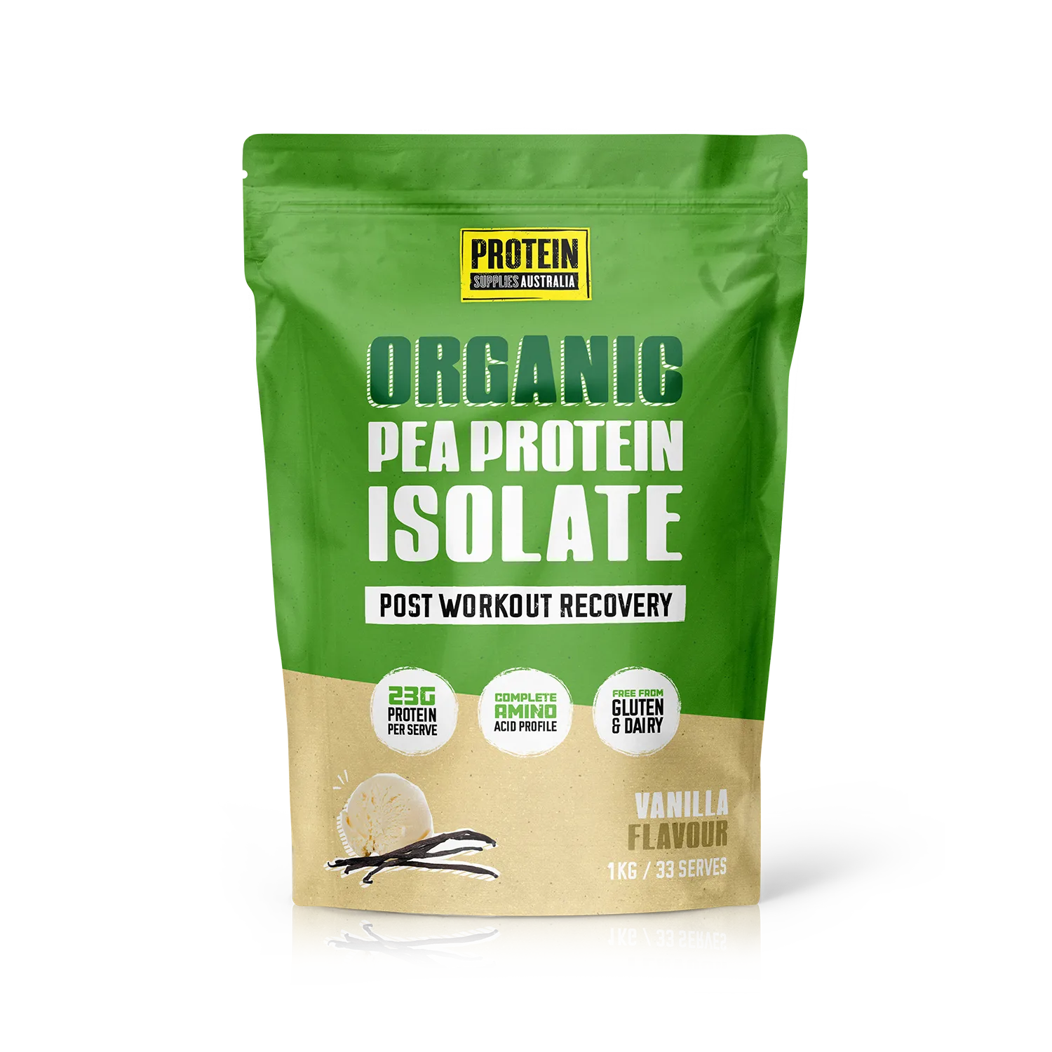 Protein Supplies Australia Organic Pea Protein Vanilla 1kg pouch plant-based packaging