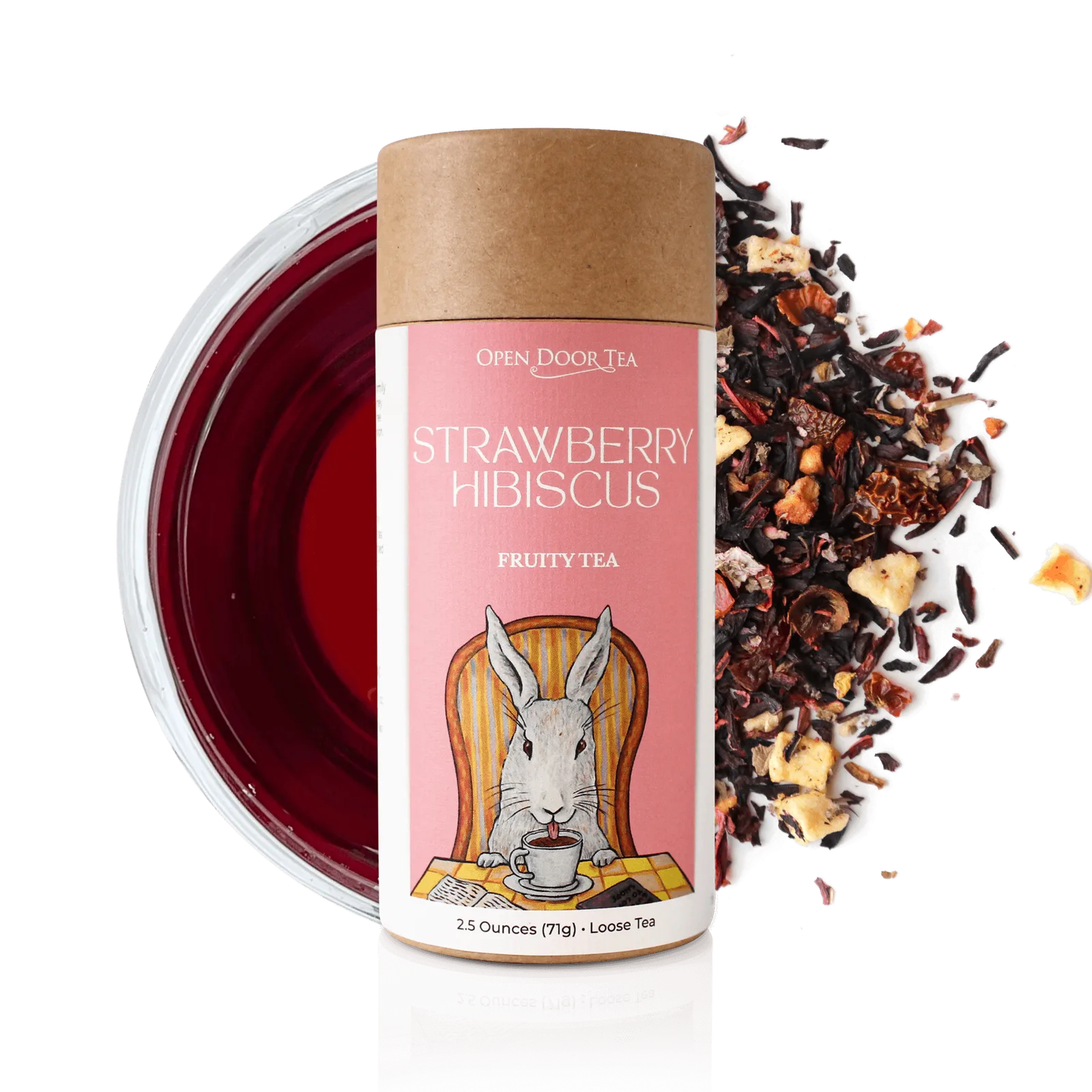Open Door Tea Strawberry Hibiscus loose-leaf blend package, the brand's most-reviewed iced tea