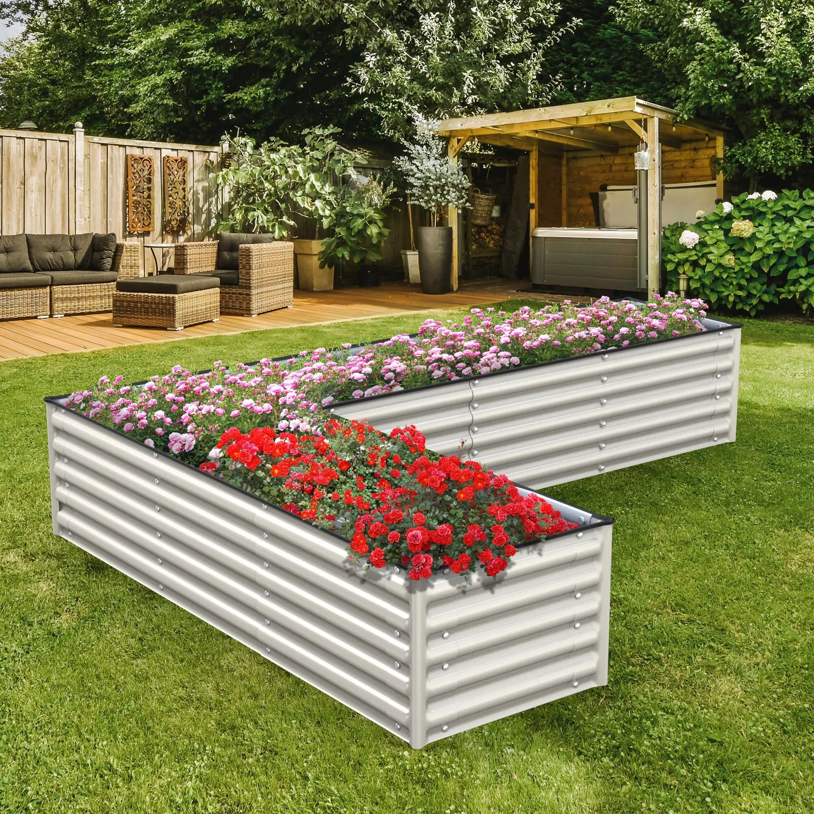 Ollegardens 17 inch L-shape Infinity raised garden bed showing the modular panel layout