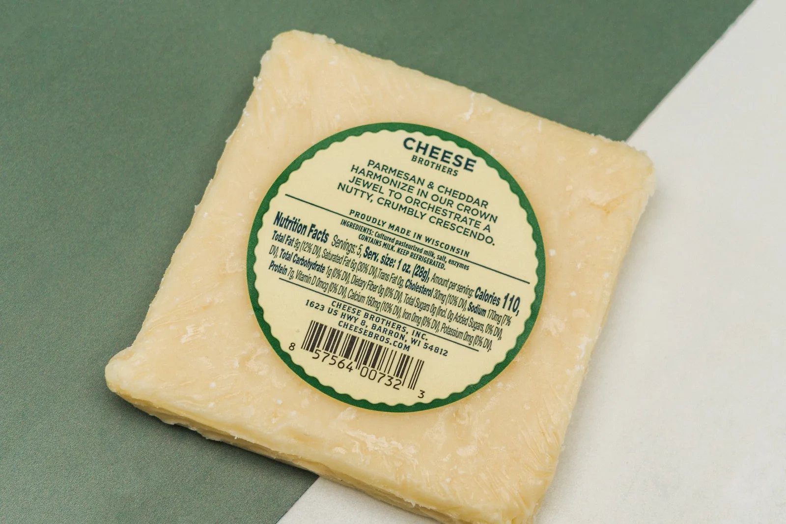 Back label of Cheese Brothers Rhapsody cheese package with Wisconsin origin details