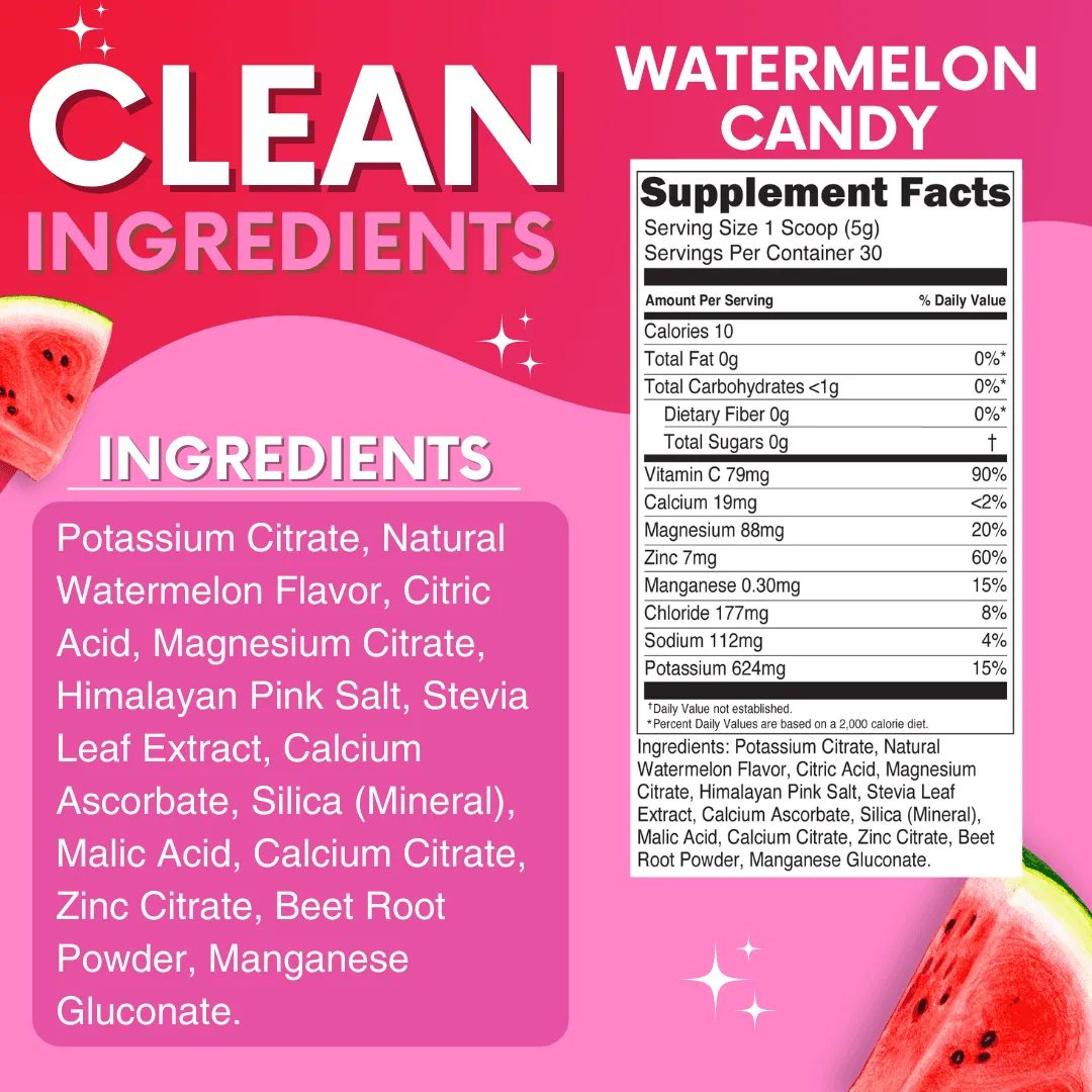 Nutrition facts label detail on Watermelon Candy electrolytes jar showing sodium and potassium