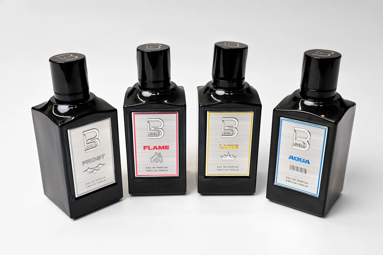 L3VEL3 fragrance range displayed as a professional barber collection